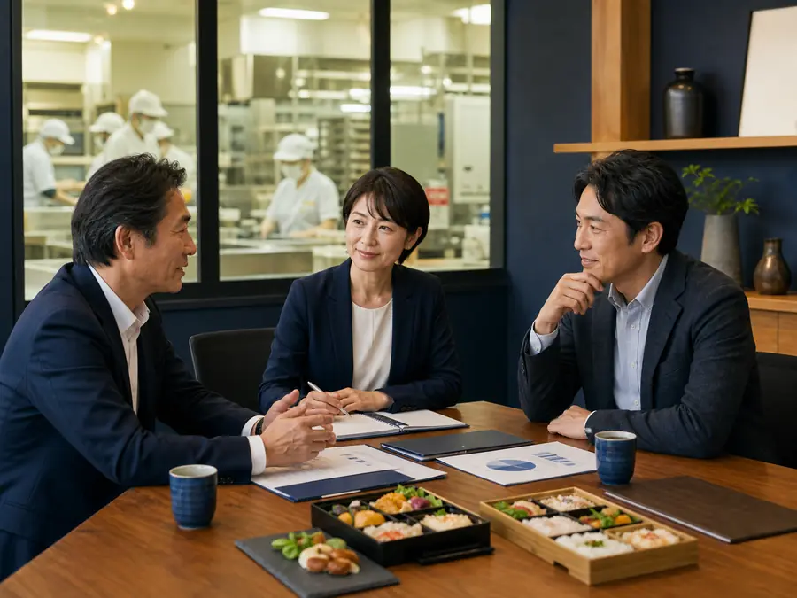 弁当会社のオーナーと買い手候補が面談している様子