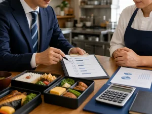 弁当事業の売却診断チェックリストを確認している様子