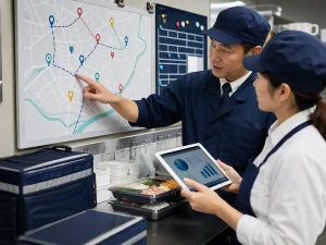 弁当配送ルートとオペレーションを確認している様子