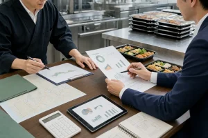 弁当事業の売却準備として資料と事業数値を確認している打ち合わせ風景