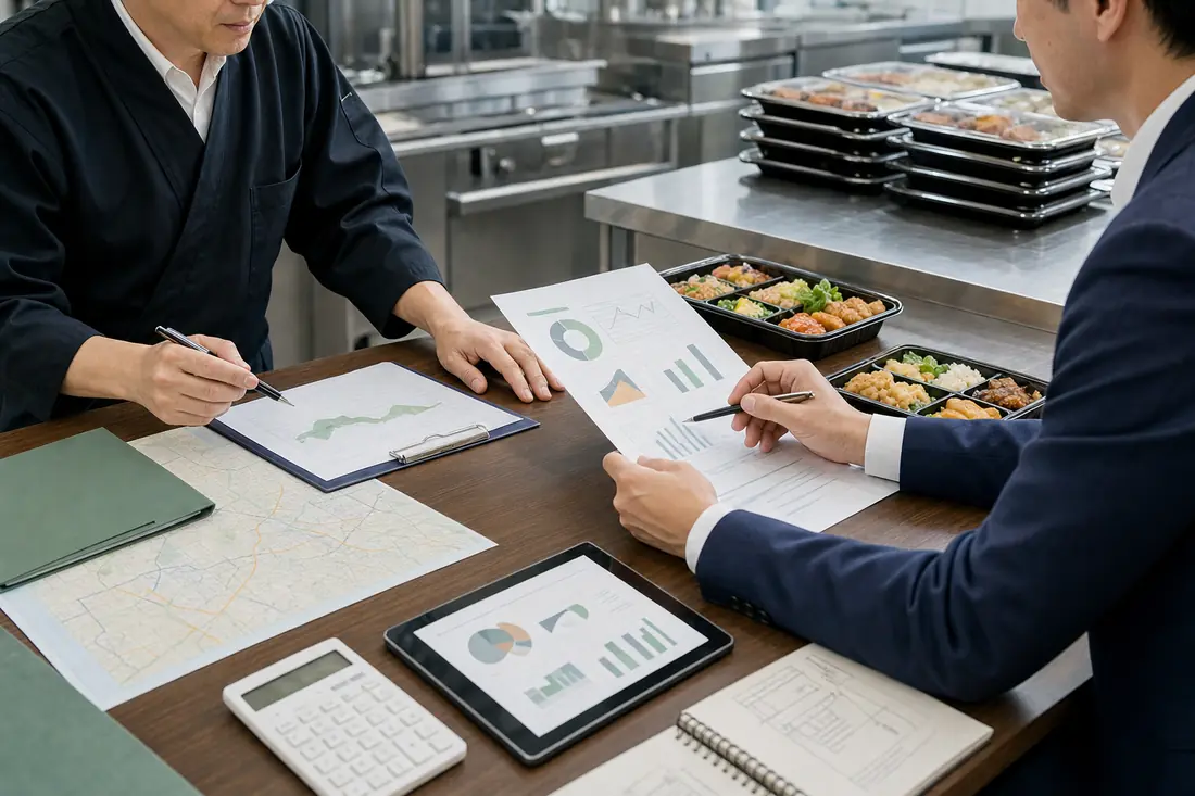 弁当事業の売却準備として資料と事業数値を確認している打ち合わせ風景