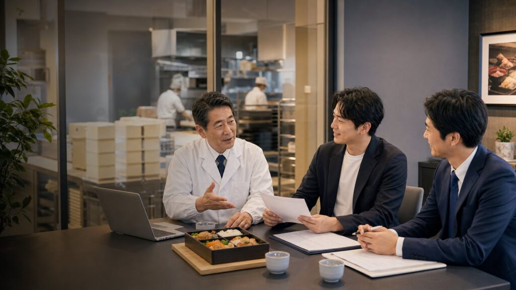 弁当会社の承継条件を話し合う経営者と買い手候補とアドバイザー