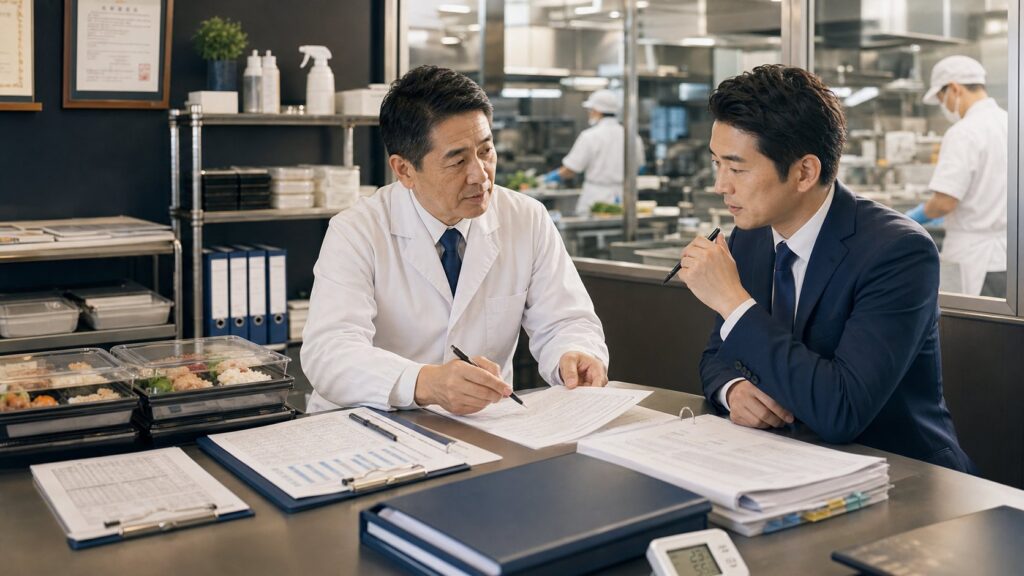 弁当会社の衛生管理と運営資料を確認するデューデリジェンス場面