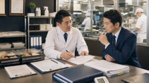 弁当会社の衛生管理と運営資料を確認するデューデリジェンス場面