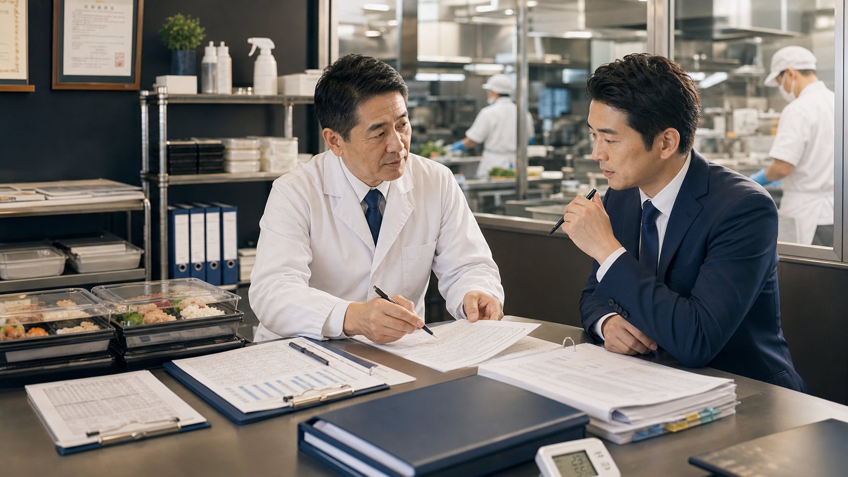 弁当会社の衛生管理と運営資料を確認するデューデリジェンス場面