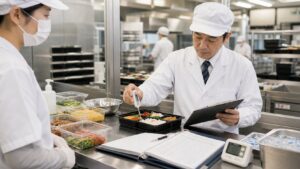 弁当の温度と品質を確認する衛生管理担当者